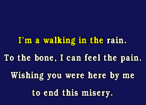 I'm a walking in the rain.
To the bone. I can feel the pain.
Wishing you were here by me

to end this misery.