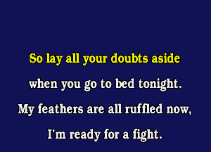 So lay all your doubts aside
when you go to bed tonight.
My feathers are all ruffled now.

I'm ready for a fight.