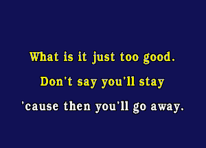 What is it just too good.

Don't say you'll stay

'cause then you'll go away.