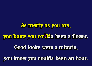 As pretty as you are.
you know you coulda been a Howu.
Good looks were a minute.

you know you coulda been an hour.