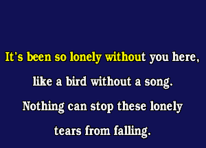 It's been so lonely without you here.
like a bird without a song.
Nothing can stop these lonely

tears from falling.