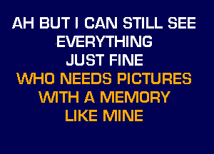 AH BUT I CAN STILL SEE
EVERYTHING
JUST FINE
WHO NEEDS PICTURES
WITH A MEMORY
LIKE MINE