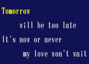 Tomorrow
will be too late

lt s now or never

my love w0n t wait