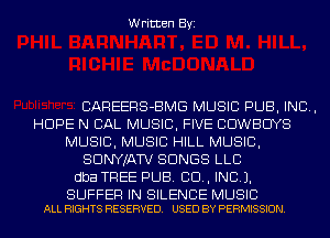 Written Byi

CAREERS-BMG MUSIC PUB, IND,
HOPE N CAL MUSIC, FIVE COWBOYS
MUSIC, MUSIC HILL MUSIC,
SDNYJATV SONGS LLC
dba TREE PUB. 80., INCL).

BUFFER IN SILENCE MUSIC
ALL RIGHTS RESERVED. USED BY PERMISSION.