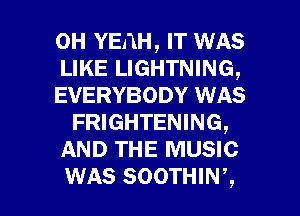 OH YEAH, IT WAS
LIKE LIGHTNING,
EVERYBODY WAS
FRIGHTENING,
AND THE MUSIC

WAS SOOTHINZ l