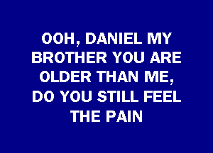 00H, DANIEL MY
BROTHER YOU ARE
OLDER THAN ME,

DO YOU STILL FEEL
THE PAIN