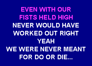 EVEN WITH OUR
FISTS HELD HIGH
NEVER WOULD HAVE
WORKED OUT RIGHT
YEAH
WE WERE NEVER MEANT
FOR DO OR DIE...