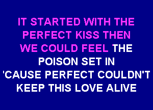 IT STARTED WITH THE
PERFECT KISS THEN
WE COULD FEEL THE
POISON SET IN
'CAUSE PERFECT COULDN'T
KEEP THIS LOVE ALIVE