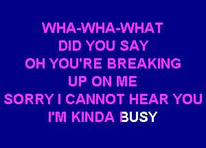 WHA-WHA-WHAT
DID YOU SAY
0H YOU'RE BREAKING
UP ON ME
SORRY I CANNOT HEAR YOU
I'M KINDA BUSY