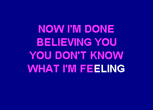 NOW I'M DONE
BELIEVING YOU

YOU DON'T KNOW
WHAT I'M FEELING