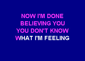 NOW I'M DONE
BELIEVING YOU

YOU DON'T KNOW
WHAT I'M FEELING