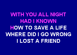 WITH YOU ALL NIGHT
HAD I KNOWN
HOW TO SAVE A LIFE
WHERE DID I GO WRONG
I LOST A FRIEND