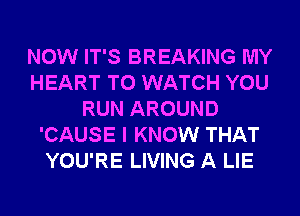 NOW IT'S BREAKING MY
HEART TO WATCH YOU
RUN AROUND
'CAUSE I KNOW THAT
YOU'RE LIVING A LIE
