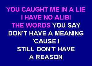 YOU CAUGHT ME IN A LIE
I HAVE NO ALIBI
THE WORDS YOU SAY
DON'T HAVE A MEANING
'CAUSE I
STILL DON'T HAVE
A REASON