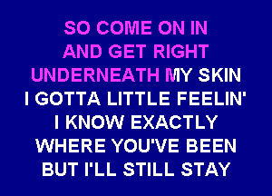 SO COME ON IN
AND GET RIGHT
UNDERNEATH MY SKIN
I GOTTA LITTLE FEELIN'
I KNOW EXACTLY
WHERE YOU'VE BEEN
BUT I'LL STILL STAY