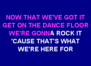 NOW THAT WE'VE GOT IT
GET ON THE DANCE FLOOR
WE'RE GONNA ROCK IT
'CAUSE THAT'S WHAT
WE'RE HERE FOR