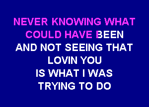 NEVER KNOWING WHAT
COULD HAVE BEEN
AND NOT SEEING THAT
LOVIN YOU
IS WHAT I WAS
TRYING TO DO