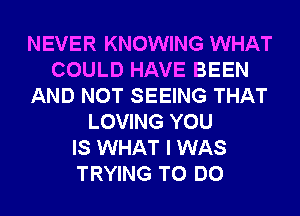 NEVER KNOWING WHAT
COULD HAVE BEEN
AND NOT SEEING THAT
LOVING YOU
IS WHAT I WAS
TRYING TO DO