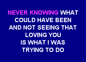 NEVER KNOWING WHAT
COULD HAVE BEEN
AND NOT SEEING THAT
LOVING YOU
IS WHAT I WAS
TRYING TO DO