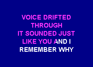 VOICE DRIFTED
THROUGH
IT SOUNDED JUST

LIKE YOU AND I
REMEMBER WHY