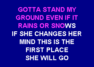 GOTTA STAND MY
GROUND EVEN IF IT
RAINS OR SNOWS
IF SHE CHANGES HER
MIND THIS IS THE
FIRST PLACE
SHE WILL GO
