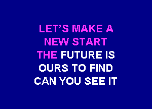 LETS MAKE A
NEW START

THE FUTURE IS
OURS TO FIND
CAN YOU SEE IT