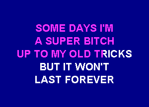 SOME DAYS I'M
A SUPER BITCH

UP TO MY OLD TRICKS
BUT IT WON'T
LAST FOREVER