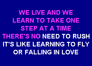 WE LIVE AND WE
LEARN TO TAKE ONE
STEP AT A TIME
THERE'S NO NEED TO RUSH
IT'S LIKE LEARNING T0 FLY
0R FALLING IN LOVE