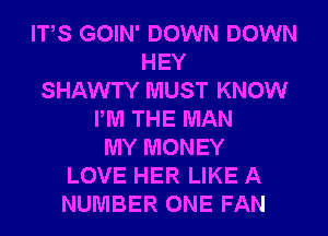 ITS GOIN' DOWN DOWN
HEY
SHAWTY MUST KNOW
PM THE MAN
MY MONEY
LOVE HER LIKE A
NUMBER ONE FAN