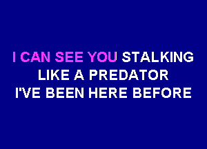 I CAN SEE YOU STALKING
LIKE A PREDATOR
I'VE BEEN HERE BEFORE