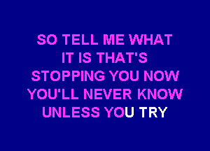 SO TELL ME WHAT
IT IS THAT'S

STOPPING YOU NOW
YOU'LL NEVER KNOW
UNLESS YOU TRY