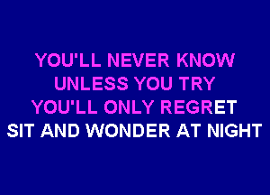 YOU'LL NEVER KNOW
UNLESS YOU TRY
YOU'LL ONLY REGRET
SIT AND WONDER AT NIGHT