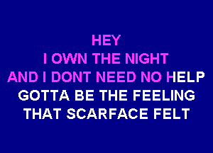 HEY
I OWN THE NIGHT
AND I DONT NEED N0 HELP
GOTTA BE THE FEELING
THAT SCARFACE FELT