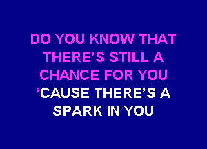 DO YOU KNOW THAT
THERES STILL A

CHANCE FOR YOU
CAUSE THERE,S A
SPARK IN YOU