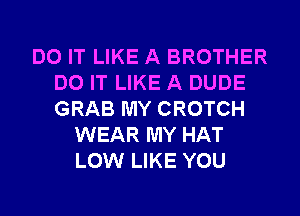 DO IT LIKE A BROTHER
DO IT LIKE A DUDE
GRAB MY CROTCH

WEAR MY HAT
LOW LIKE YOU