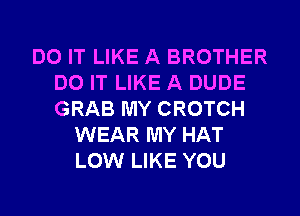 DO IT LIKE A BROTHER
DO IT LIKE A DUDE
GRAB MY CROTCH

WEAR MY HAT
LOW LIKE YOU