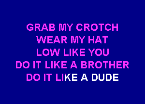 GRAB MY CROTCH
WEAR MY HAT
LOW LIKE YOU

DO IT LIKE A BROTHER

DO IT LIKE A DUDE