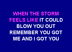 WHEN THE STORM
FEELS LIKE IT COULD
BLOW YOU OUT
REMEMBER YOU GOT
ME AND I GOT YOU