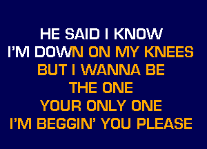 HE SAID I KNOW
I'M DOWN ON MY KNEES
BUT I WANNA BE
THE ONE
YOUR ONLY ONE
I'M BEGGIN' YOU PLEASE