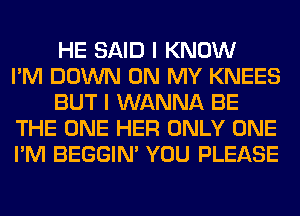 HE SAID I KNOW
I'M DOWN ON MY KNEES
BUT I WANNA BE
THE ONE HER ONLY ONE
I'M BEGGIN' YOU PLEASE