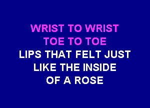 WRIST TO WRIST
TOE TO TOE
LIPS THAT FELT JUST
LIKE THE INSIDE
OF A ROSE

g