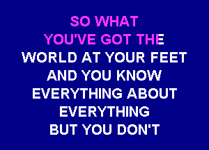 SO WHAT
YOU'VE GOT THE
WORLD AT YOUR FEET
AND YOU KNOW
EVERYTHING ABOUT
EVERYTHING
BUT YOU DON'T