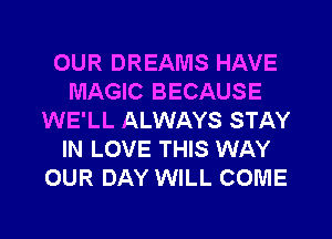 OUR DREAMS HAVE
MAGIC BECAUSE
WE'LL ALWAYS STAY
IN LOVE THIS WAY
OUR DAY WILL COME