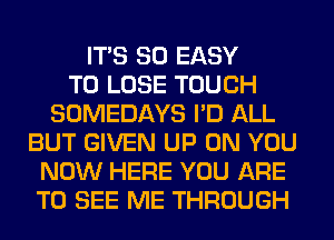 ITS SO EASY
TO LOSE TOUCH
SOMEDAYS I'D ALL
BUT GIVEN UP ON YOU
NOW HERE YOU ARE
TO SEE ME THROUGH