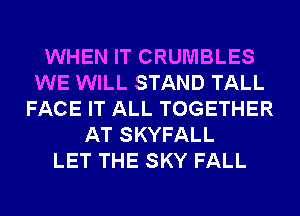 WHEN IT CRUMBLES
WE WILL STAND TALL
FACE IT ALL TOGETHER
AT SKYFALL
LET THE SKY FALL