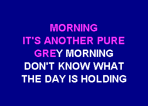 MORNING
IT'S ANOTHER PURE
GREY MORNING
DON'T KNOW WHAT
THE DAY IS HOLDING