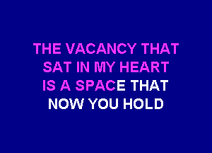 THE VACANCY THAT
SAT IN MY HEART

IS A SPACE THAT
NOW YOU HOLD