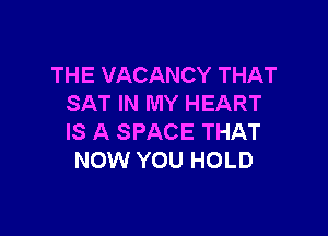 THE VACANCY THAT
SAT IN MY HEART

IS A SPACE THAT
NOW YOU HOLD