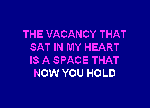 THE VACANCY THAT
SAT IN MY HEART

IS A SPACE THAT
NOW YOU HOLD