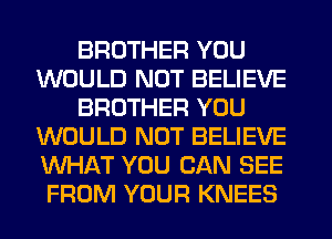 BROTHER YOU
WOULD NOT BELIEVE
BROTHER YOU
WOULD NOT BELIEVE
WHAT YOU CAN SEE
FROM YOUR KNEES